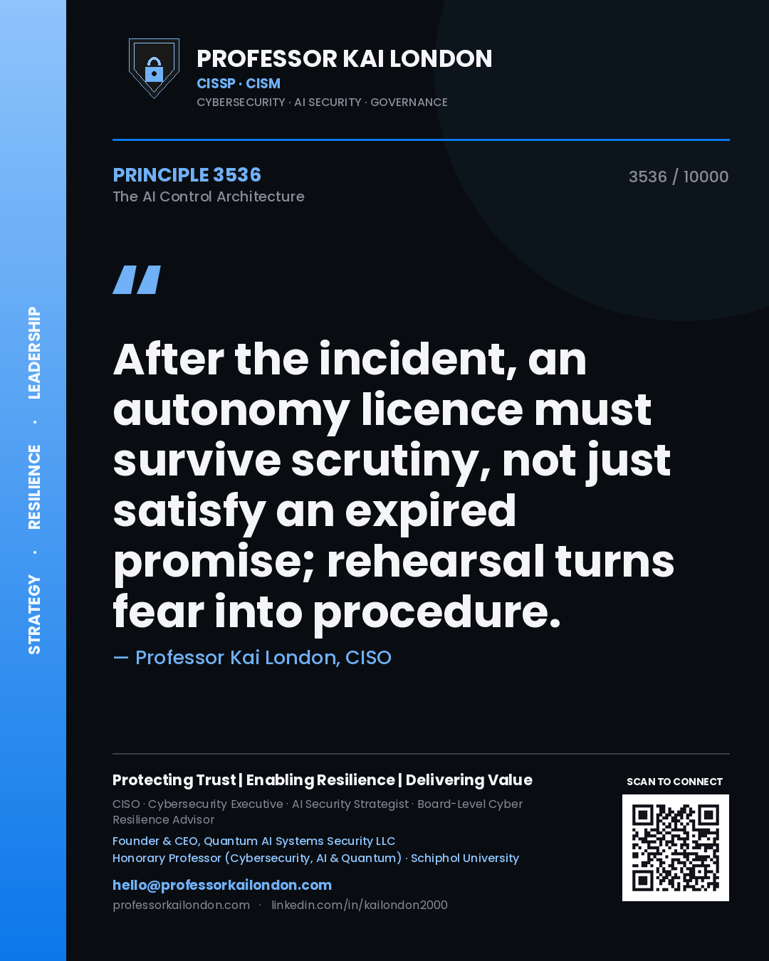 Professor Kai London principle 3536: After the incident, an autonomy licence must survive scrutiny, not just satisfy an expired promise; rehearsal turns fear into procedure.