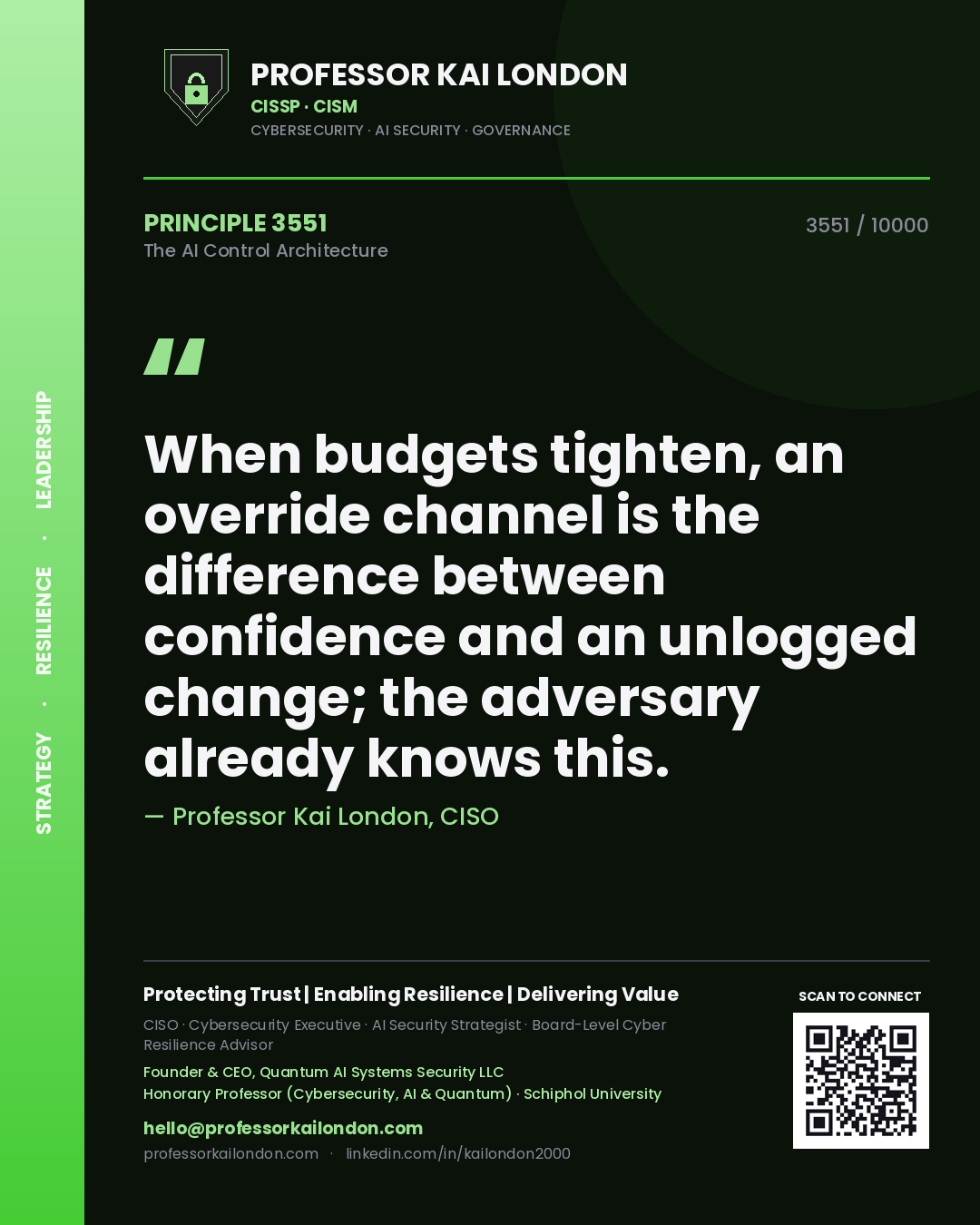 Quote card by Professor Kai London reading 'When budgets tighten, an override channel is the difference between confidence and an unlogged change; the adversary already knows this.'. From the book The AI Control Architecture.