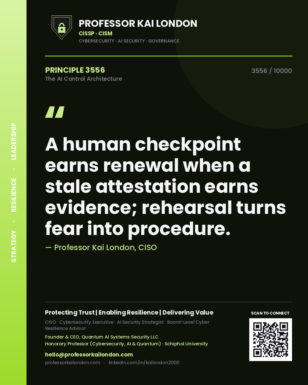 Professor Kai London principle 3556: A human checkpoint earns renewal when a stale attestation earns evidence; rehearsal turns fear into procedure.