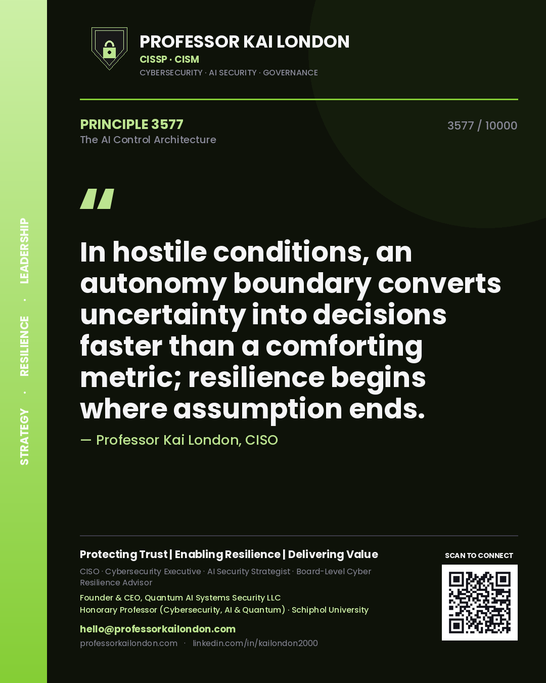 Professor Kai London principle 3577: In hostile conditions, an autonomy boundary converts uncertainty into decisions faster than a comforting metric; resilience begins where assumption ends.