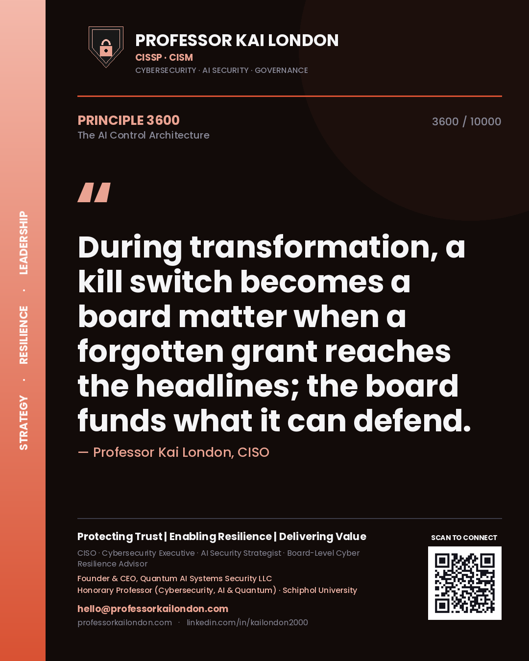 Professor Kai London principle 3600: During transformation, a kill switch becomes a board matter when a forgotten grant reaches the headlines; the board funds what it can defend.