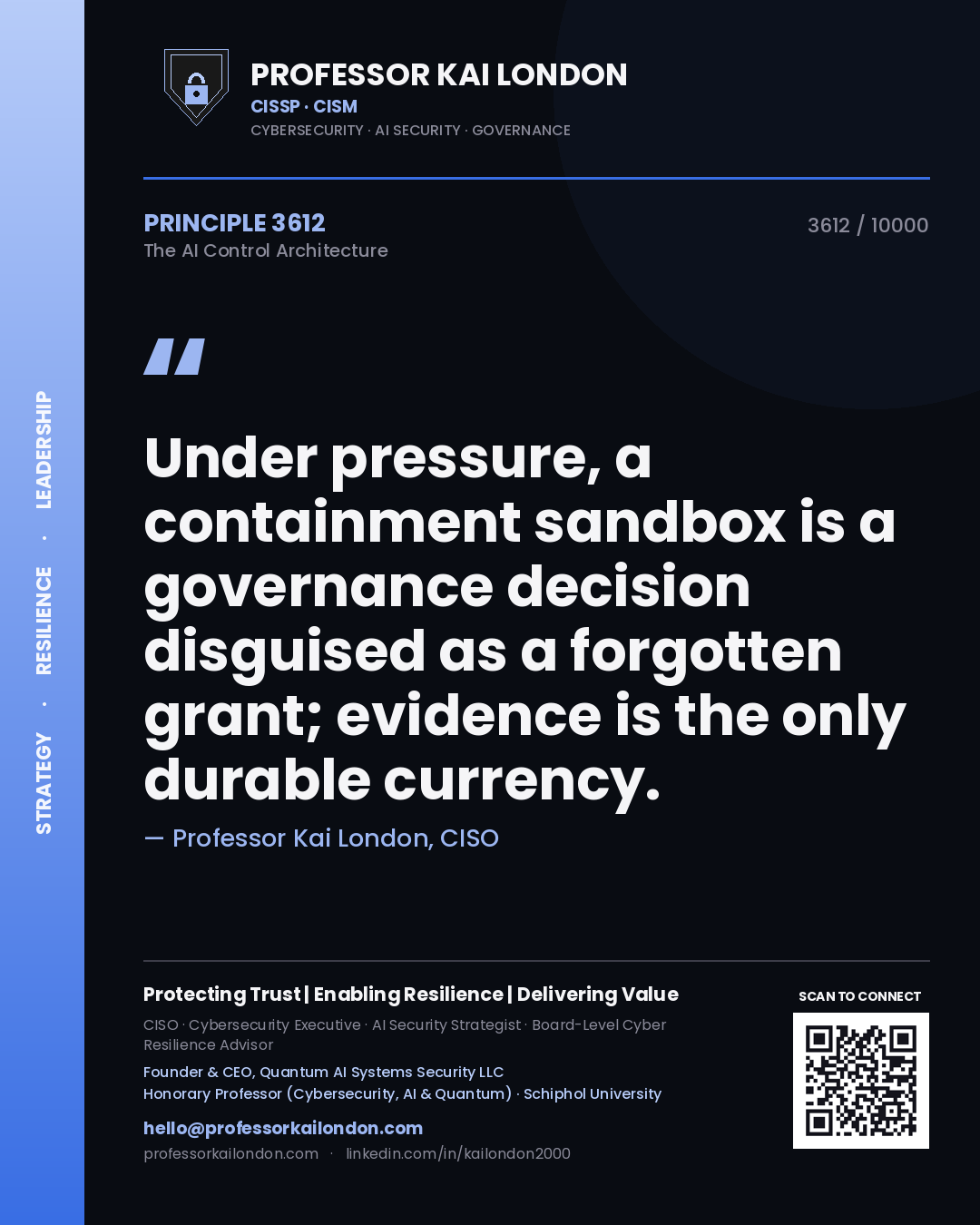 Quote card by Professor Kai London reading 'Under pressure, a containment sandbox is a governance decision disguised as a forgotten grant; evidence is the only durable currency.'. From the book The AI Control Architecture.