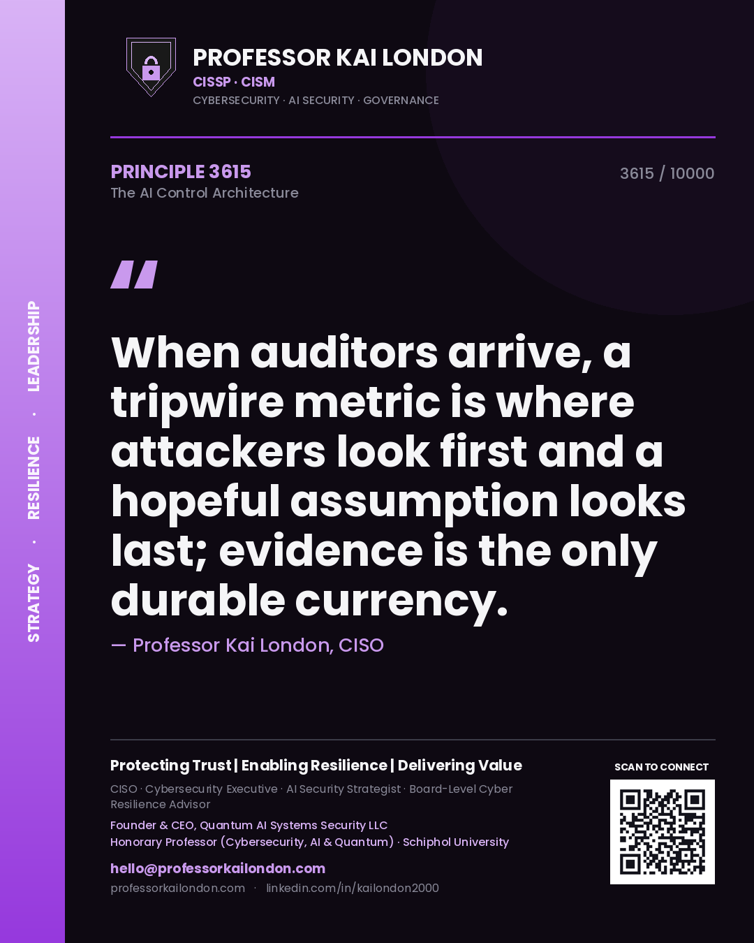 Quote card by Professor Kai London reading 'When auditors arrive, a tripwire metric is where attackers look first and a hopeful assumption looks last; evidence is the only durable currency.'. From the book The AI Control Architecture.