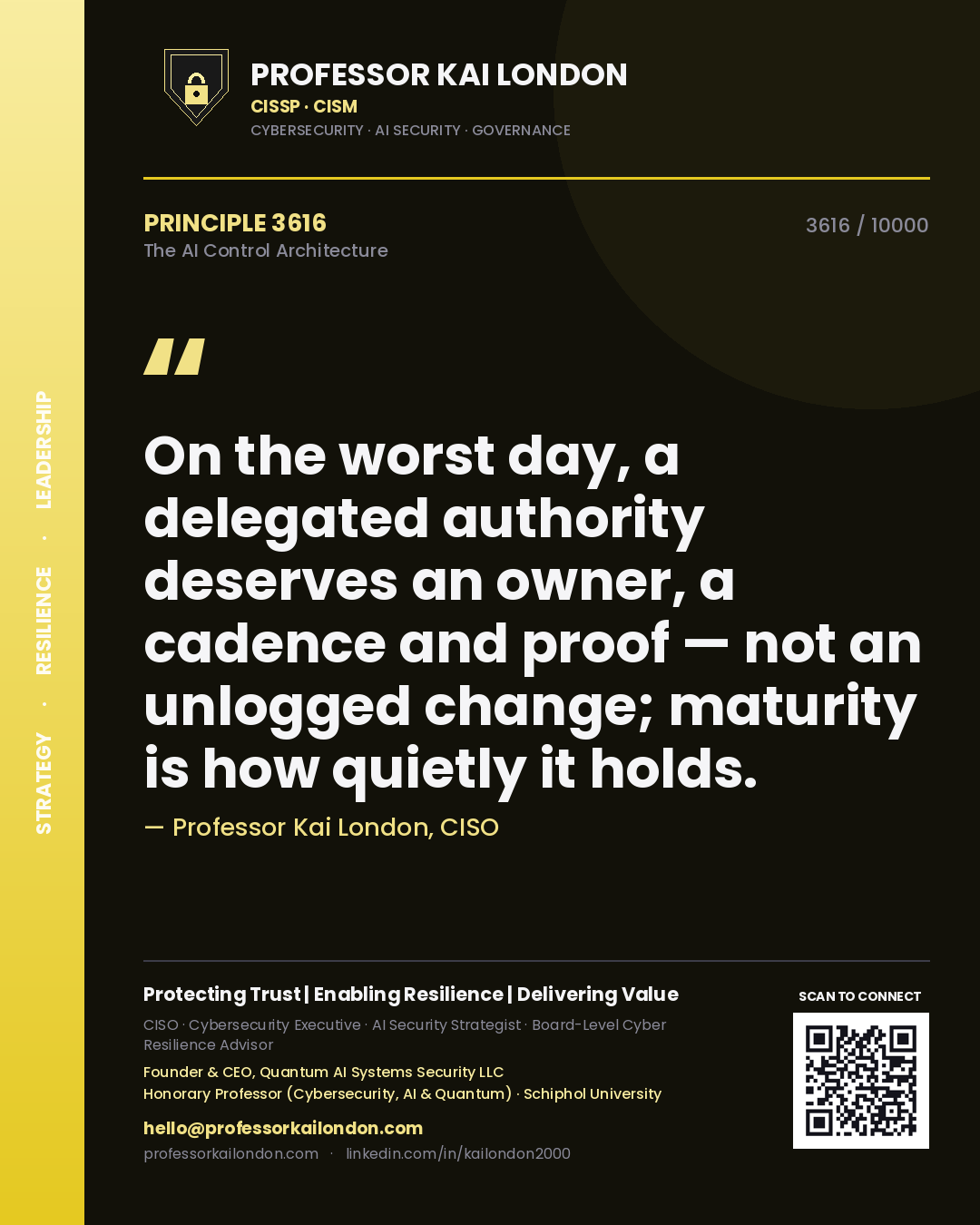 Quote card by Professor Kai London reading 'On the worst day, a delegated authority deserves an owner, a cadence and proof — not an unlogged change; maturity is how quietly it holds.'. From the book The AI Control Architecture.