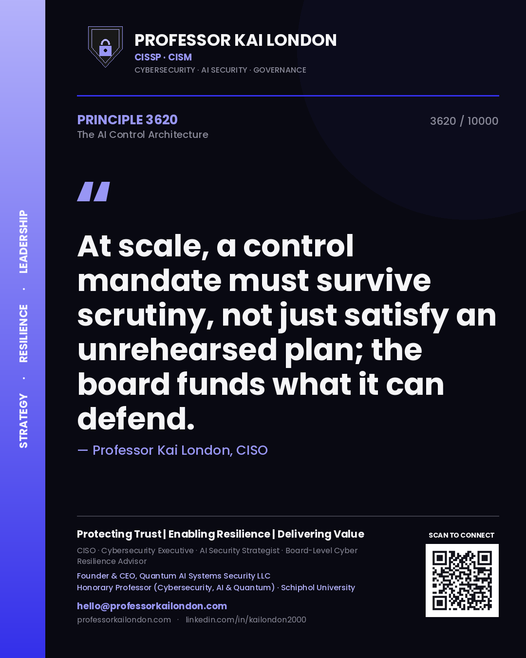 Professor Kai London principle 3620: At scale, a control mandate must survive scrutiny, not just satisfy an unrehearsed plan; the board funds what it can defend.