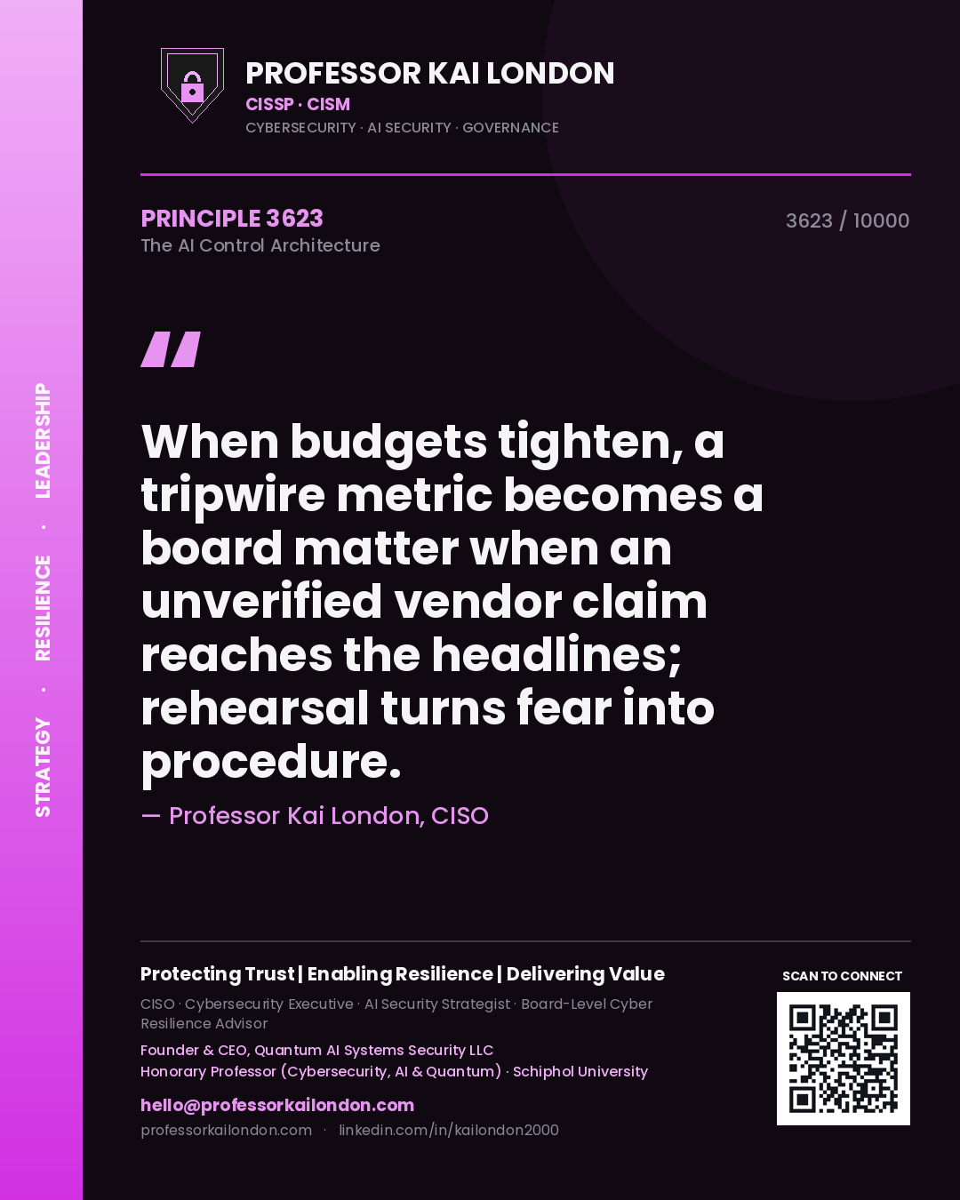 Professor Kai London principle 3623: When budgets tighten, a tripwire metric becomes a board matter when an unverified vendor claim reaches the headlines; rehearsal turns fear into procedure.