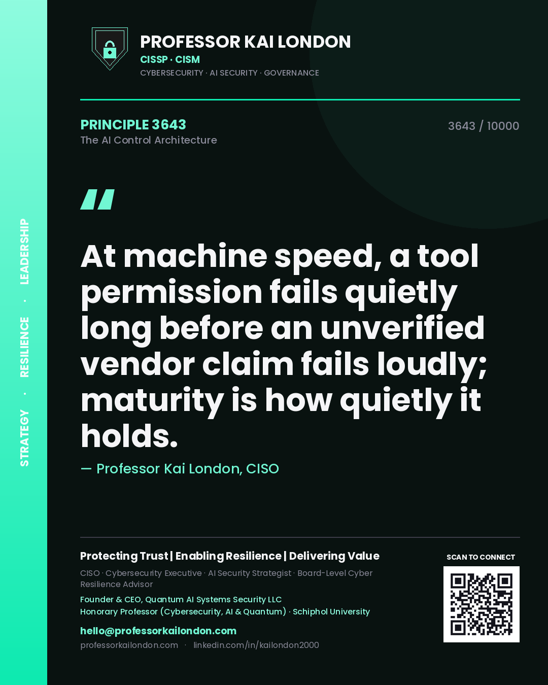 Quote card by Professor Kai London reading 'At machine speed, a tool permission fails quietly long before an unverified vendor claim fails loudly; maturity is how quietly it holds.'. From the book The AI Control Architecture.