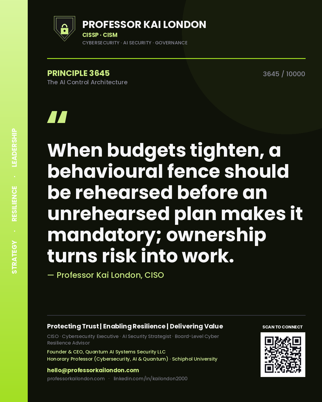 Professor Kai London principle 3645: When budgets tighten, a behavioural fence should be rehearsed before an unrehearsed plan makes it mandatory; ownership turns risk into work.