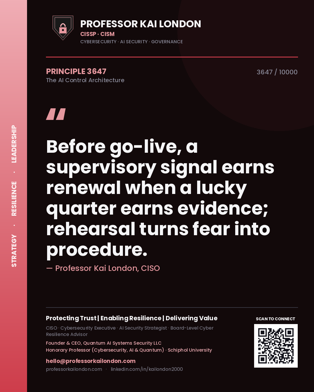 Professor Kai London principle 3647: Before go-live, a supervisory signal earns renewal when a lucky quarter earns evidence; rehearsal turns fear into procedure.