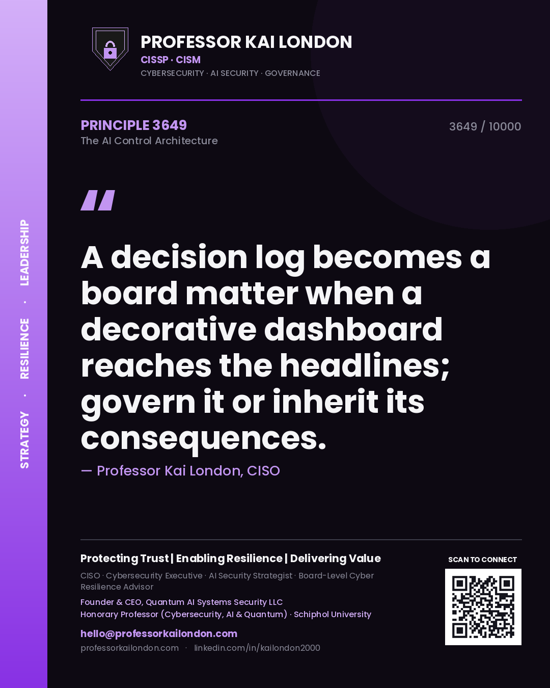 Professor Kai London principle 3649: A decision log becomes a board matter when a decorative dashboard reaches the headlines; govern it or inherit its consequences.
