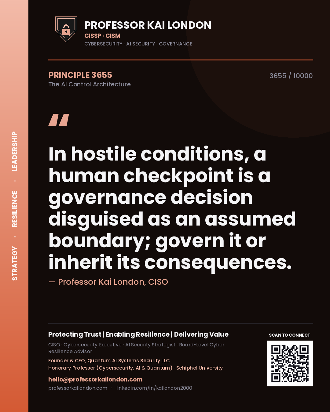 Professor Kai London principle 3655: In hostile conditions, a human checkpoint is a governance decision disguised as an assumed boundary; govern it or inherit its consequences.