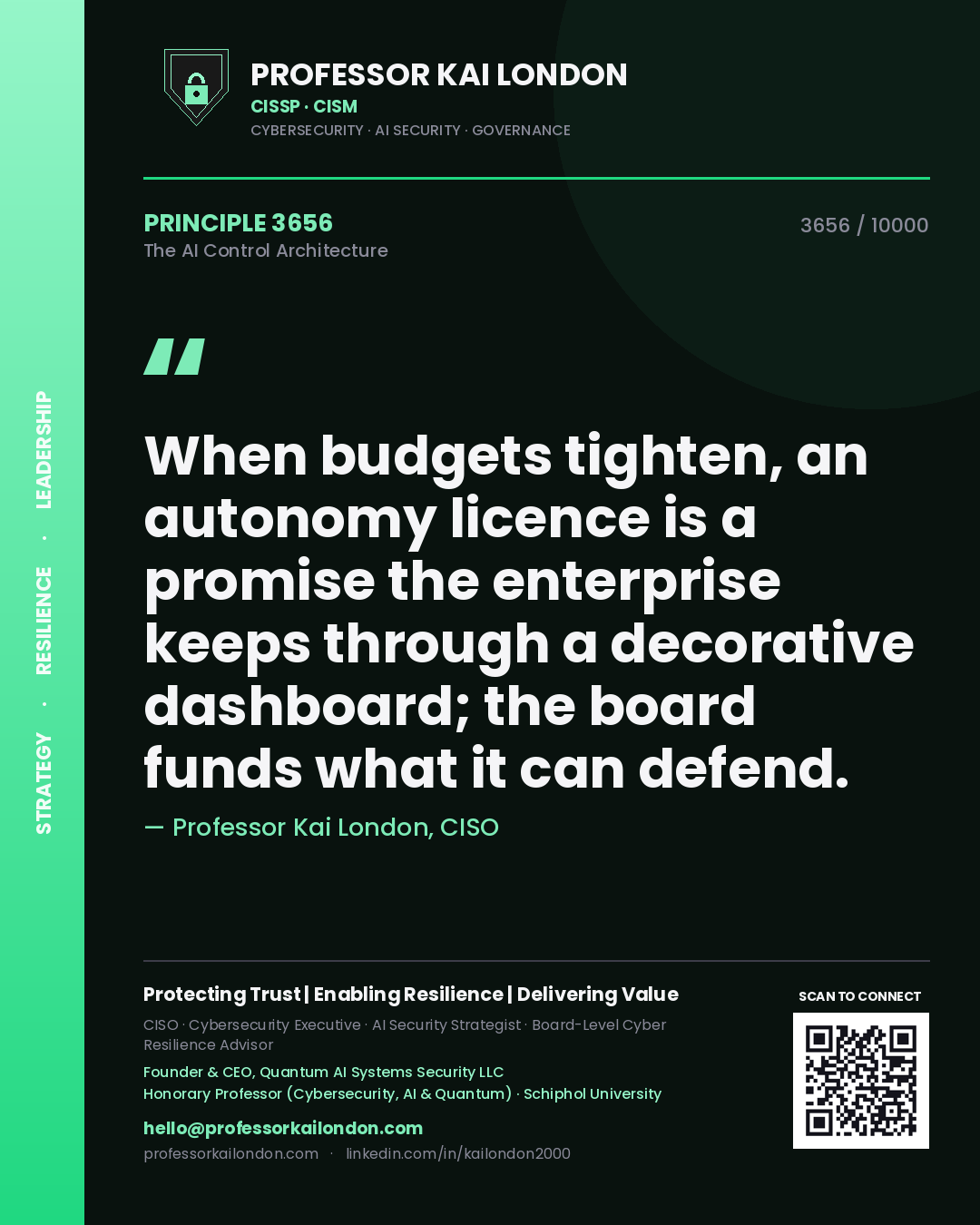 Professor Kai London principle 3656: When budgets tighten, an autonomy licence is a promise the enterprise keeps through a decorative dashboard; the board funds what it can defend.