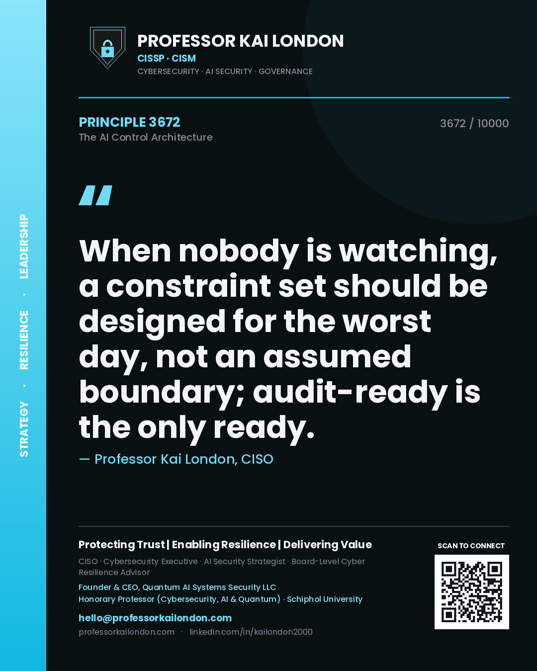 Quote card by Professor Kai London reading 'When nobody is watching, a constraint set should be designed for the worst day, not an assumed boundary; audit-ready is the only ready.'. From the book The AI Control Architecture.