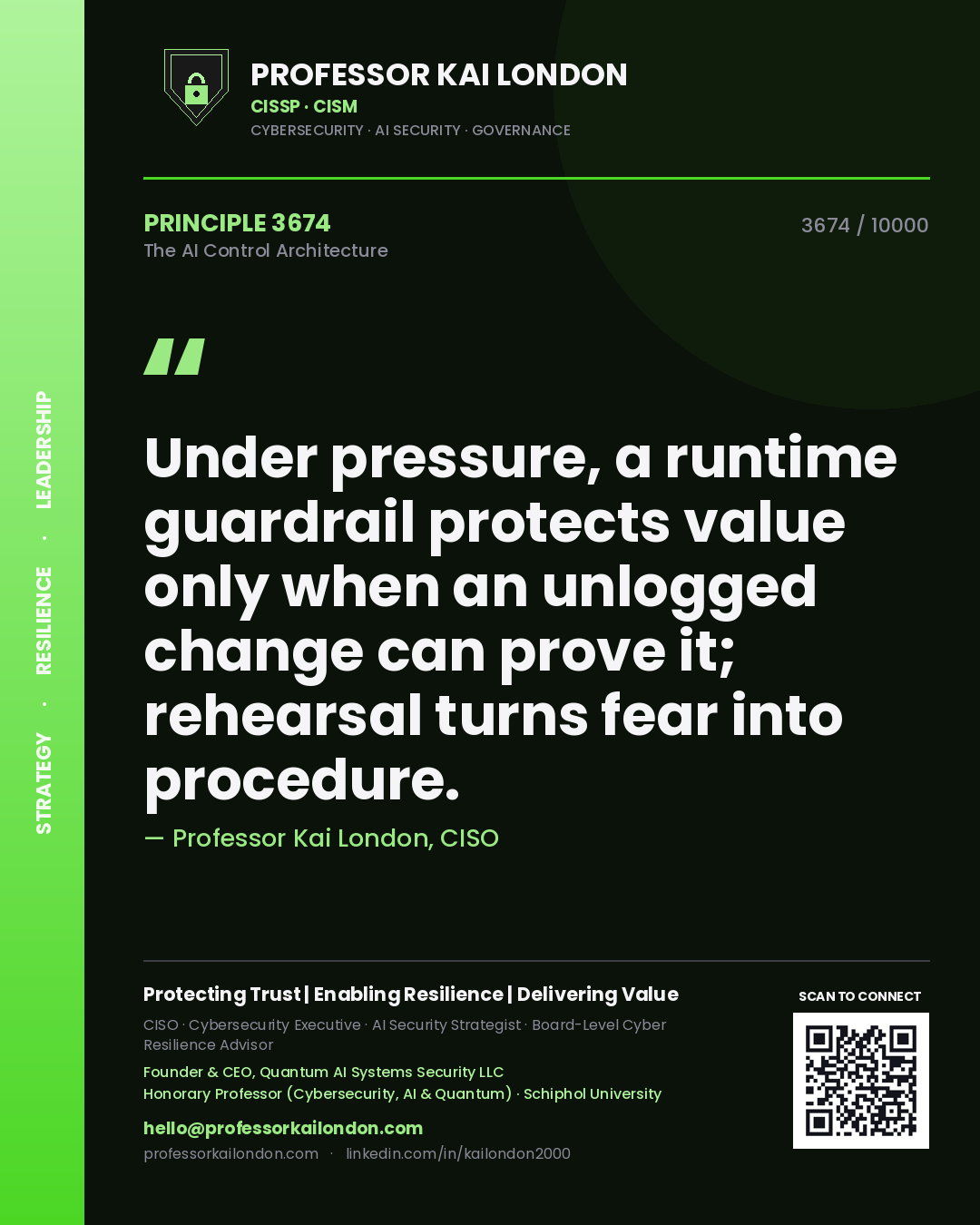 Professor Kai London principle 3674: Under pressure, a runtime guardrail protects value only when an unlogged change can prove it; rehearsal turns fear into procedure.