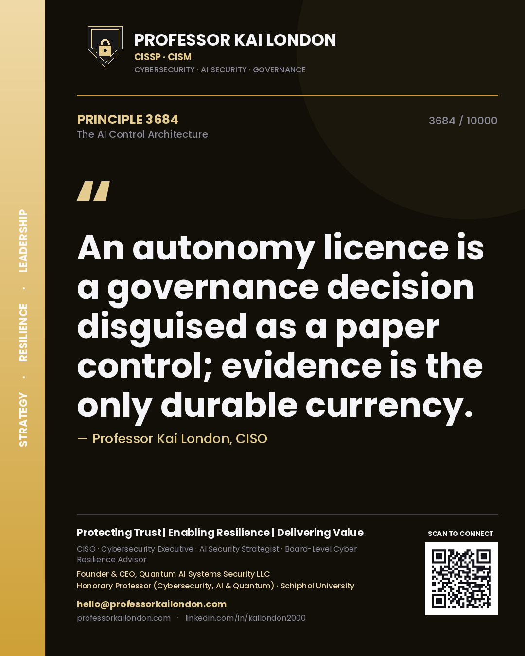 Quote card by Professor Kai London reading 'An autonomy licence is a governance decision disguised as a paper control; evidence is the only durable currency.'. From the book The AI Control Architecture.