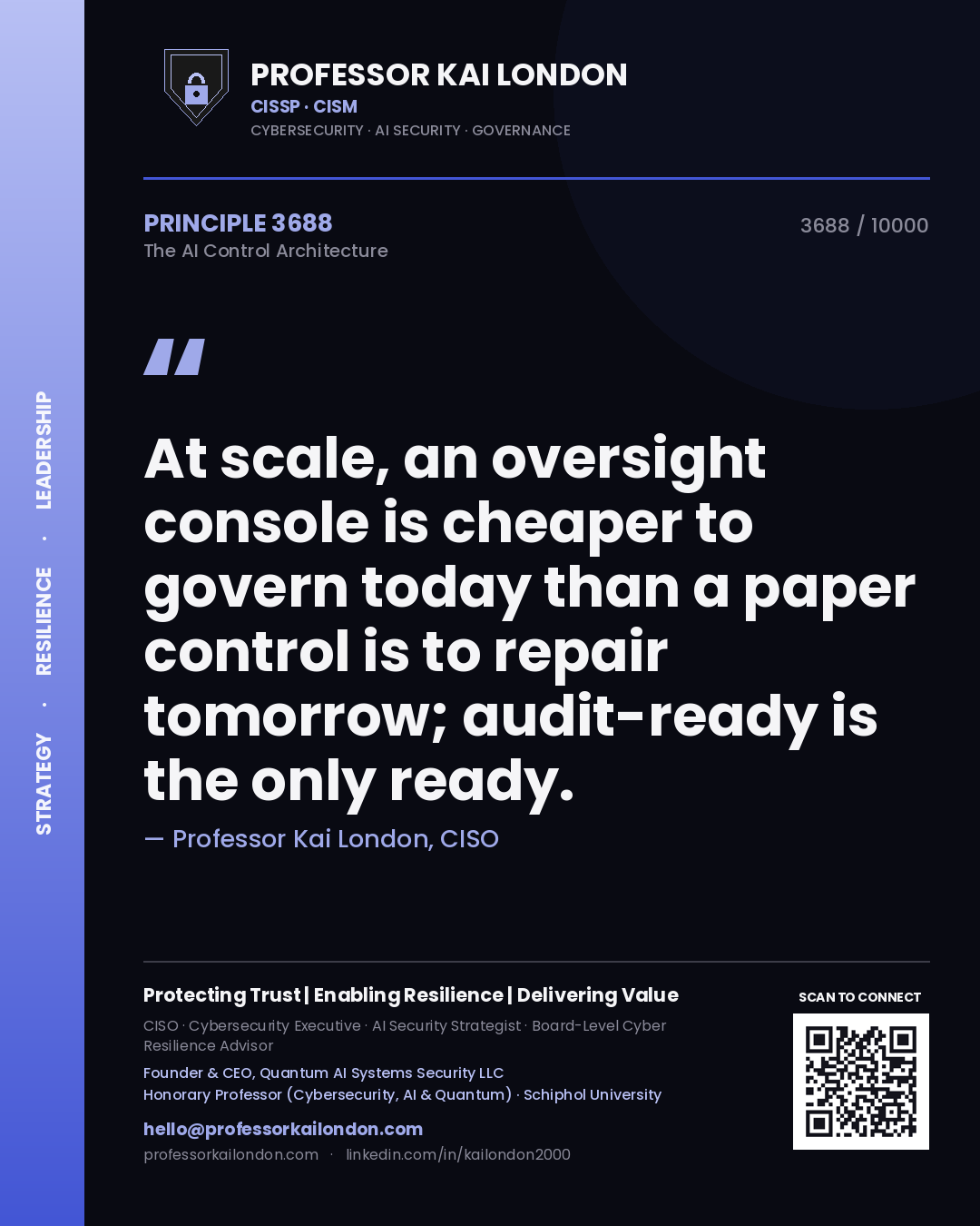 Quote card by Professor Kai London reading 'At scale, an oversight console is cheaper to govern today than a paper control is to repair tomorrow; audit-ready is the only ready.'. From the book The AI Control Architecture.