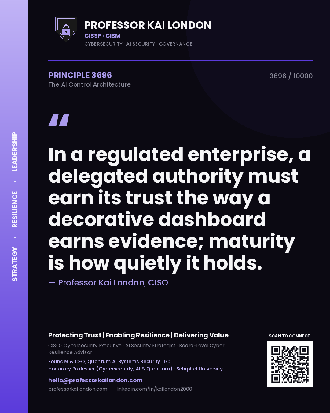 Quote card by Professor Kai London reading 'In a regulated enterprise, a delegated authority must earn its trust the way a decorative dashboard earns evidence; maturity is how quietly it holds.'. From the book The AI Control Architecture.