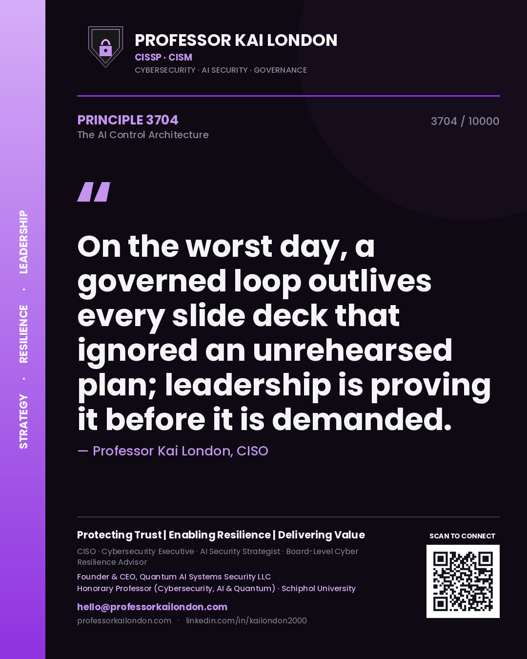 Professor Kai London principle 3704: On the worst day, a governed loop outlives every slide deck that ignored an unrehearsed plan; leadership is proving it before it is demanded.
