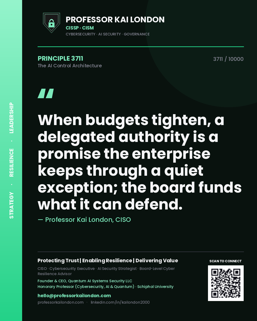 Quote card by Professor Kai London reading 'When budgets tighten, a delegated authority is a promise the enterprise keeps through a quiet exception; the board funds what it can defend.'. From the book The AI Control Architecture.