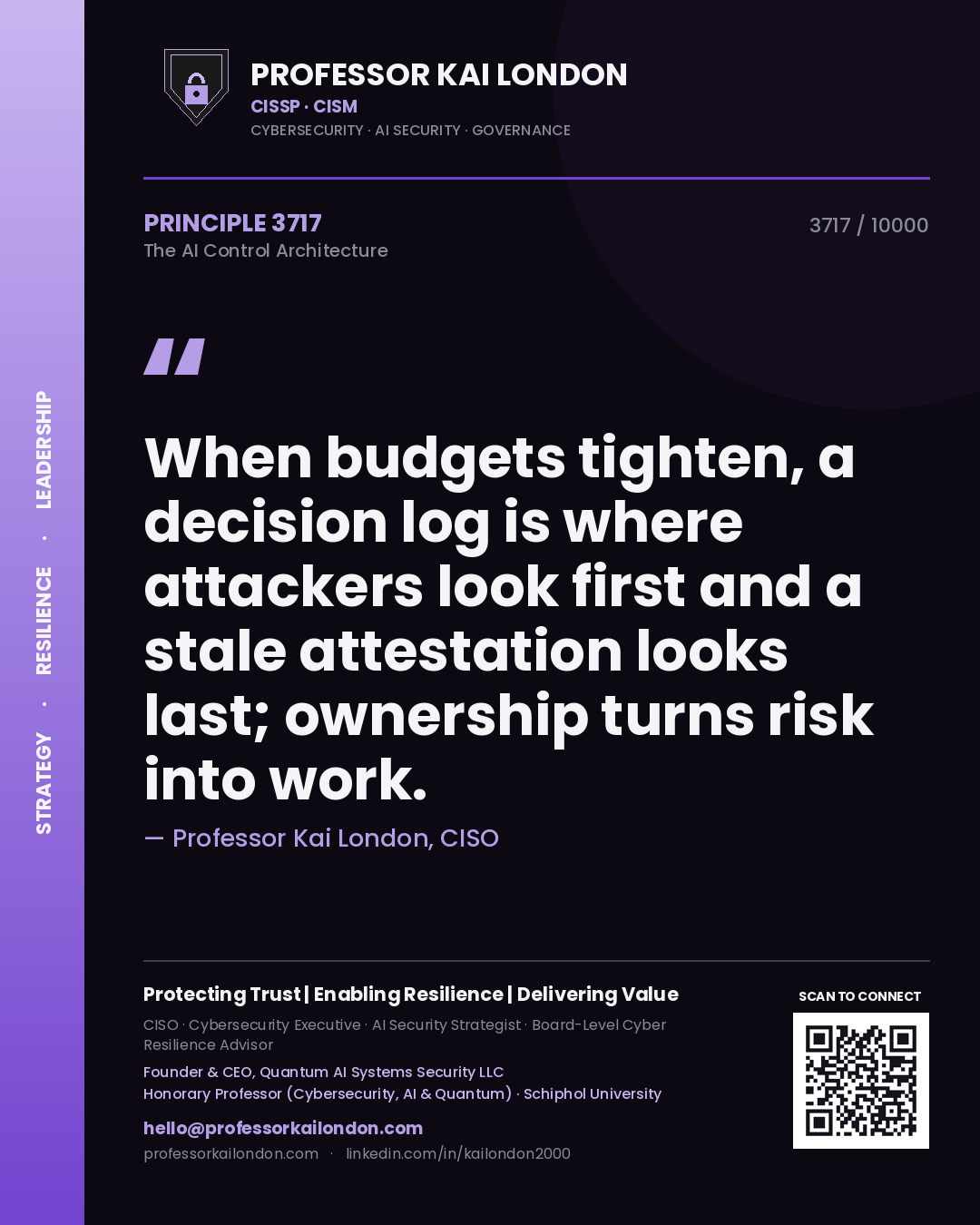 Quote card by Professor Kai London reading 'When budgets tighten, a decision log is where attackers look first and a stale attestation looks last; ownership turns risk into work.'. From the book The AI Control Architecture.