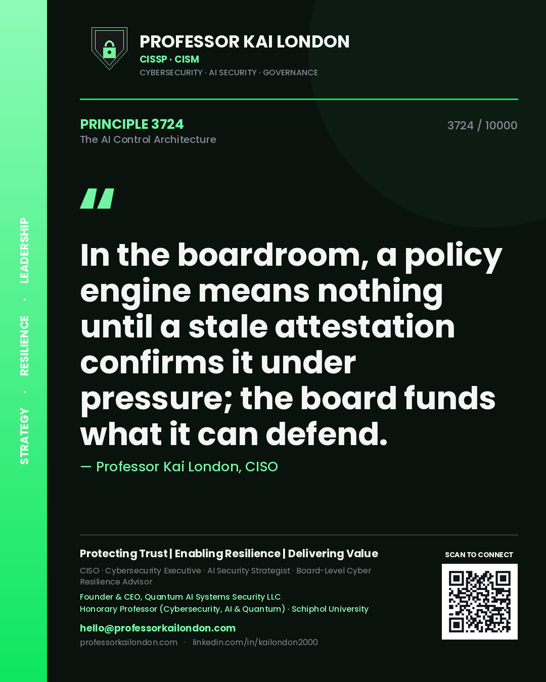 Professor Kai London principle 3724: In the boardroom, a policy engine means nothing until a stale attestation confirms it under pressure; the board funds what it can defend.