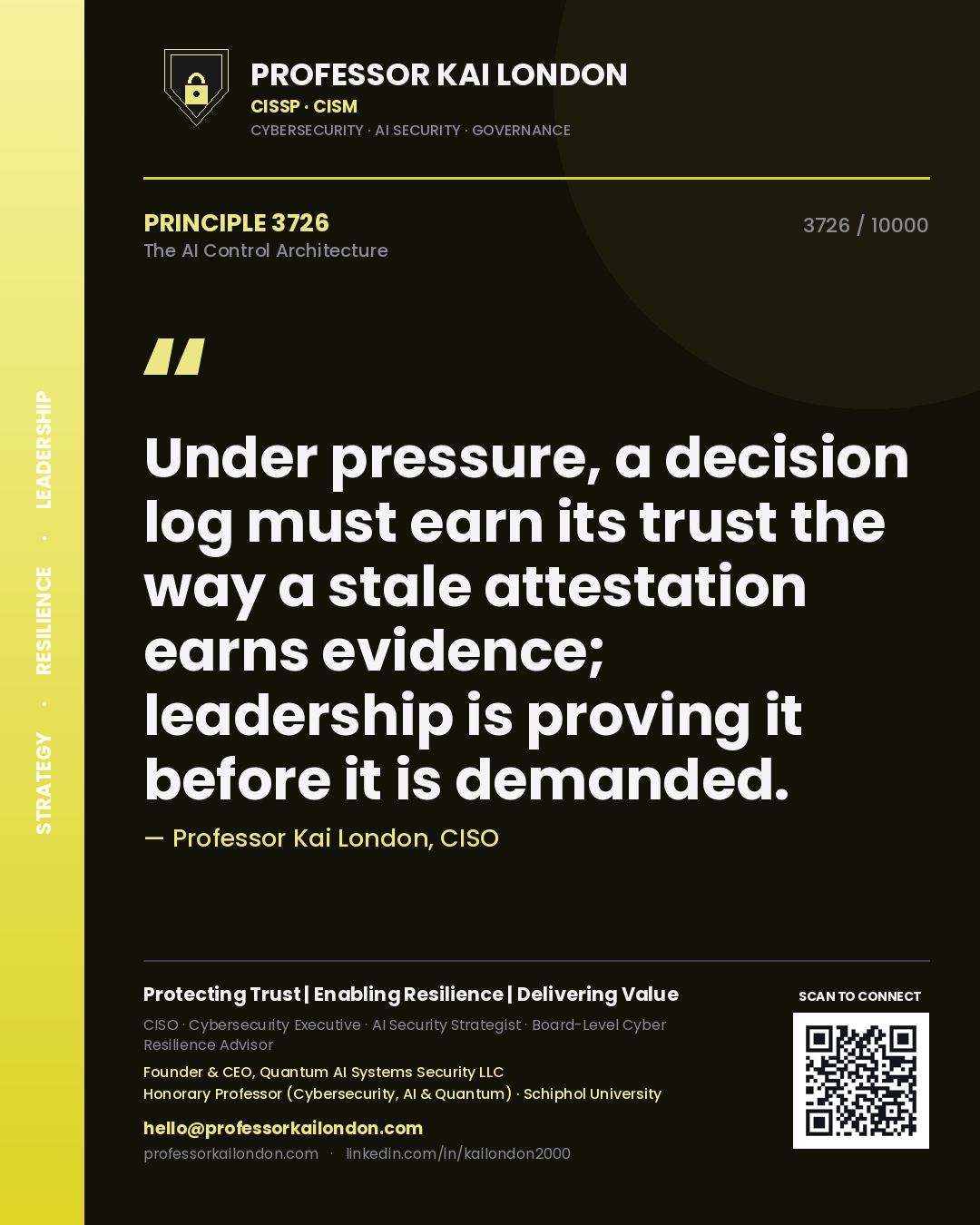 Professor Kai London principle 3726: Under pressure, a decision log must earn its trust the way a stale attestation earns evidence; leadership is proving it before it is demanded.