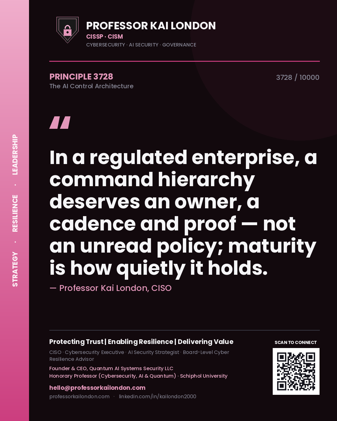 Professor Kai London principle 3728: In a regulated enterprise, a command hierarchy deserves an owner, a cadence and proof — not an unread policy; maturity is how quietly it holds.