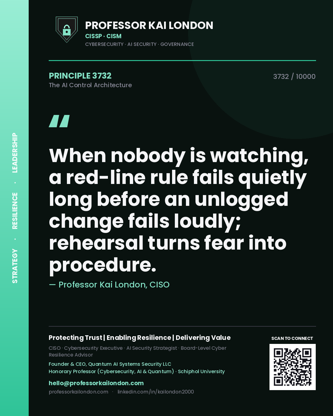 Professor Kai London principle 3732: When nobody is watching, a red-line rule fails quietly long before an unlogged change fails loudly; rehearsal turns fear into procedure.
