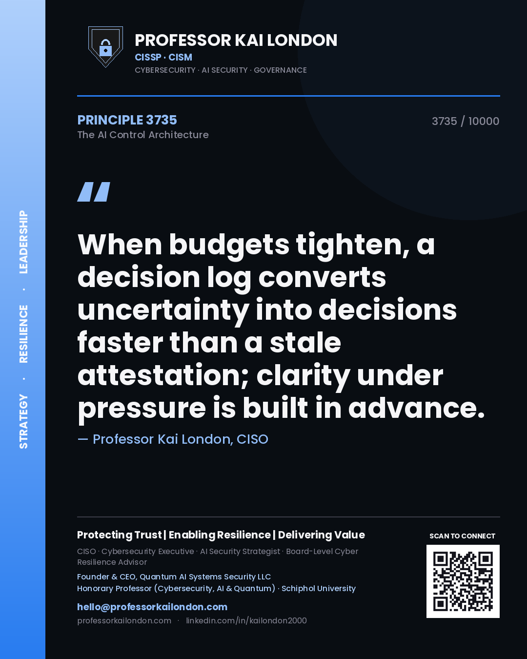 Professor Kai London principle 3735: When budgets tighten, a decision log converts uncertainty into decisions faster than a stale attestation; clarity under pressure is built in advance.
