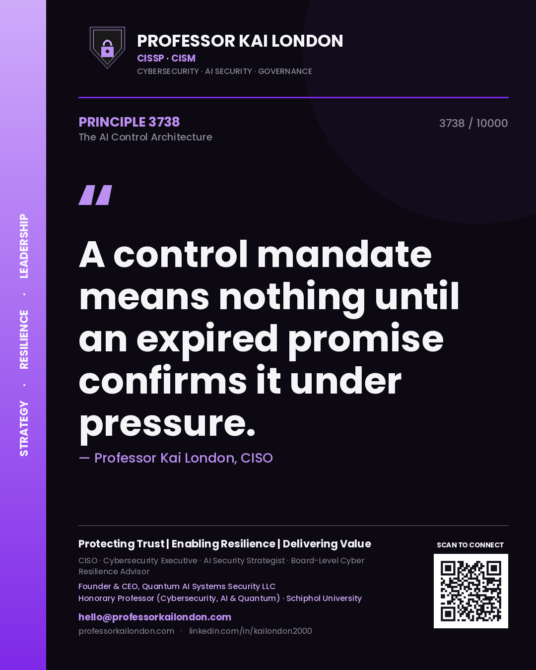 Quote card by Professor Kai London reading 'A control mandate means nothing until an expired promise confirms it under pressure.'. From the book The AI Control Architecture.