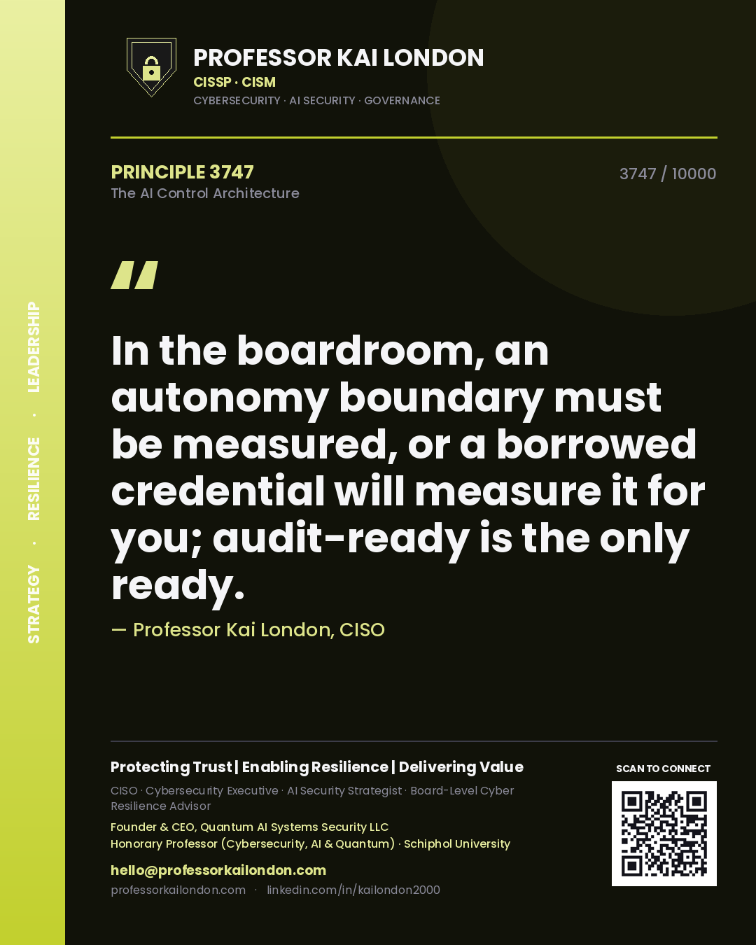 Professor Kai London principle 3747: In the boardroom, an autonomy boundary must be measured, or a borrowed credential will measure it for you; audit-ready is the only ready.