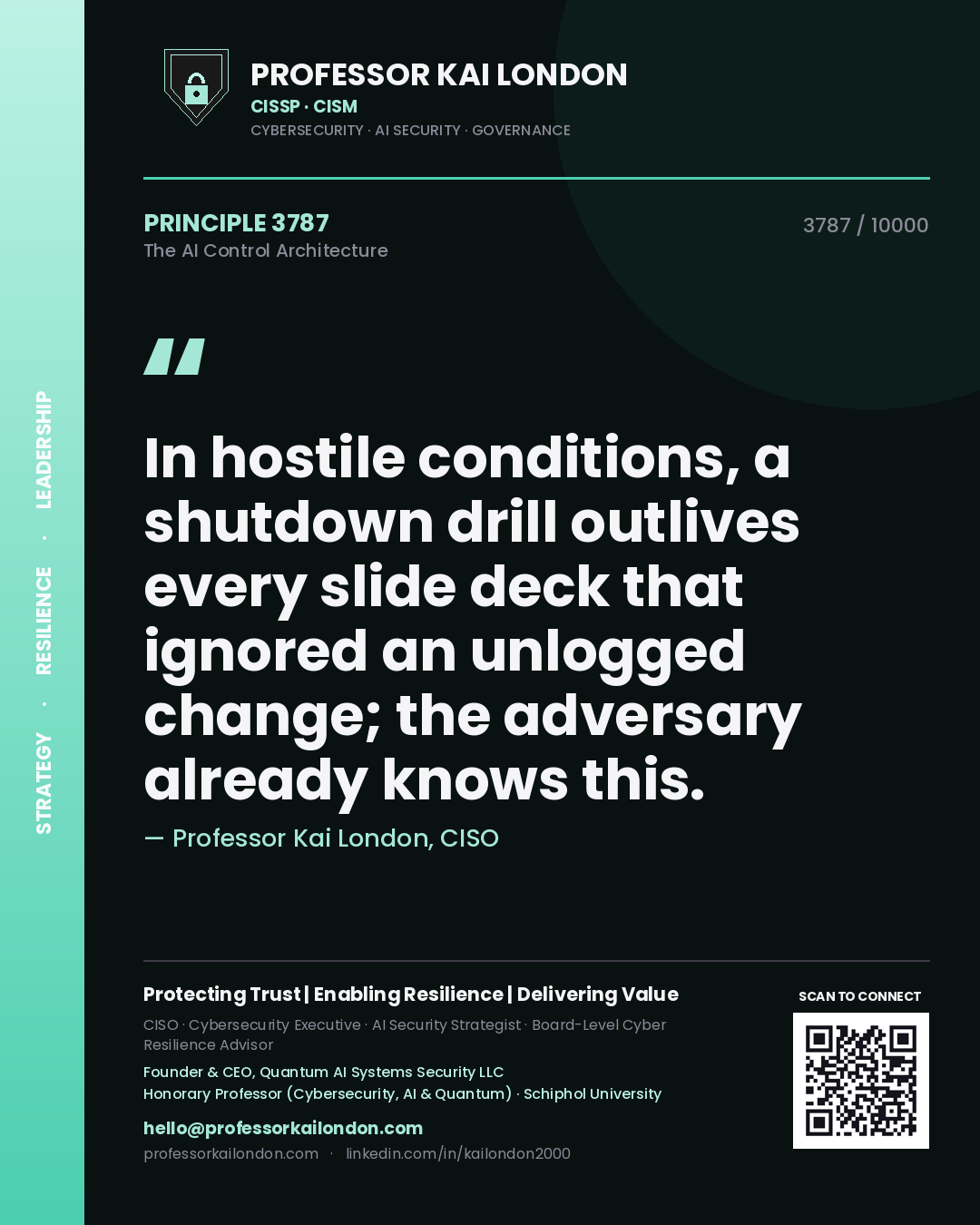 Quote card by Professor Kai London reading 'In hostile conditions, a shutdown drill outlives every slide deck that ignored an unlogged change; the adversary already knows this.'. From the book The AI Control Architecture.