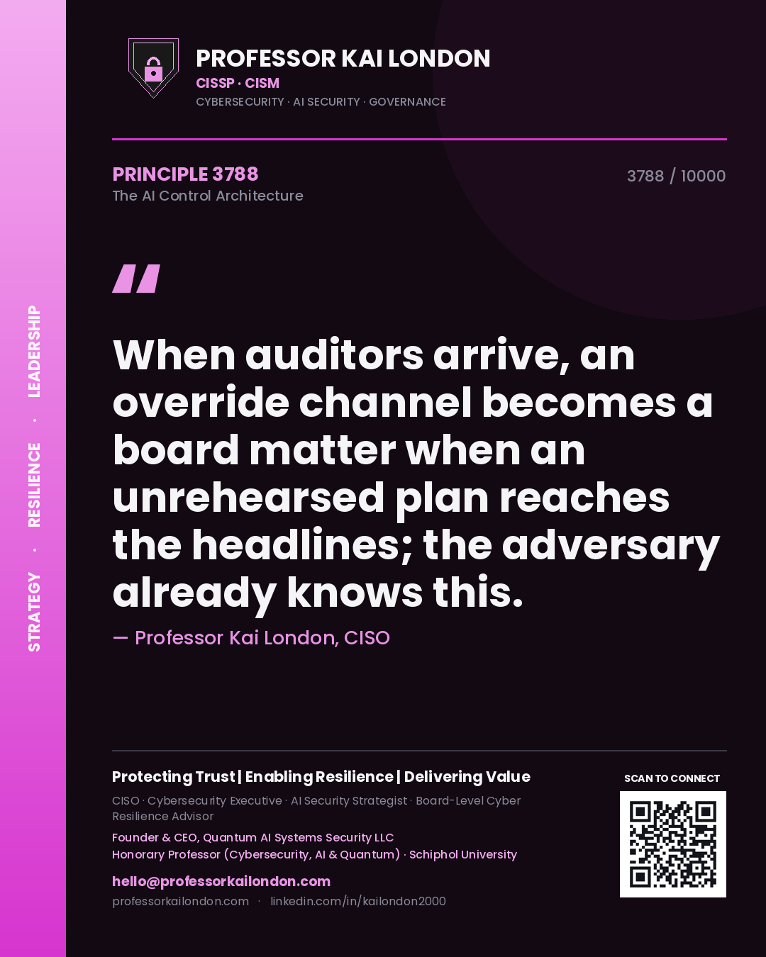 Professor Kai London principle 3788: When auditors arrive, an override channel becomes a board matter when an unrehearsed plan reaches the headlines; the adversary already knows this.