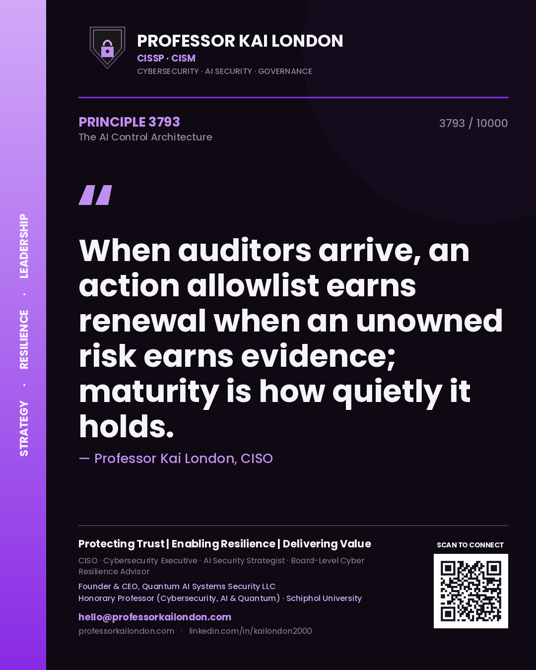 Professor Kai London principle 3793: When auditors arrive, an action allowlist earns renewal when an unowned risk earns evidence; maturity is how quietly it holds.