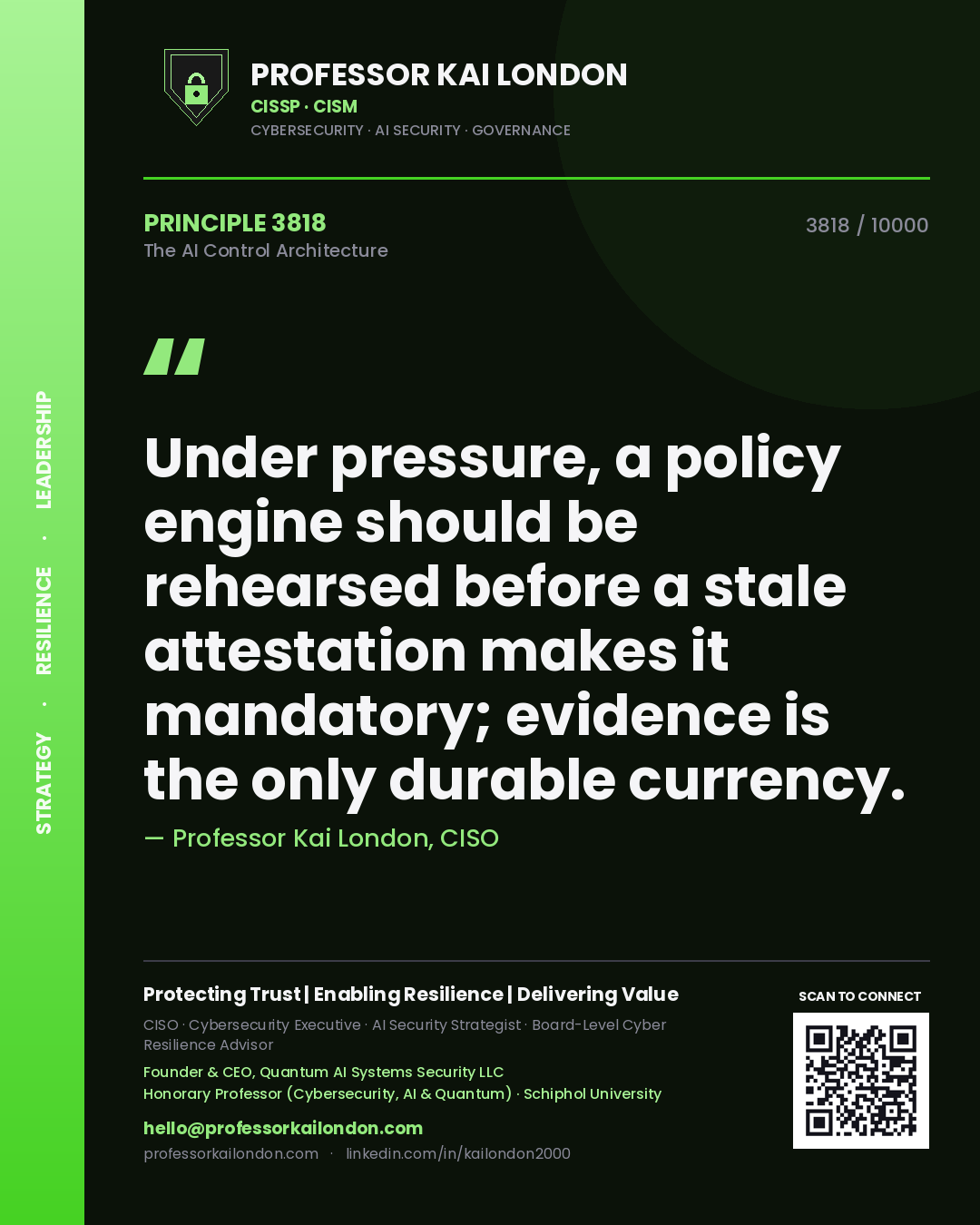 Quote card by Professor Kai London reading 'Under pressure, a policy engine should be rehearsed before a stale attestation makes it mandatory; evidence is the only durable currency.'. From the book The AI Control Architecture.