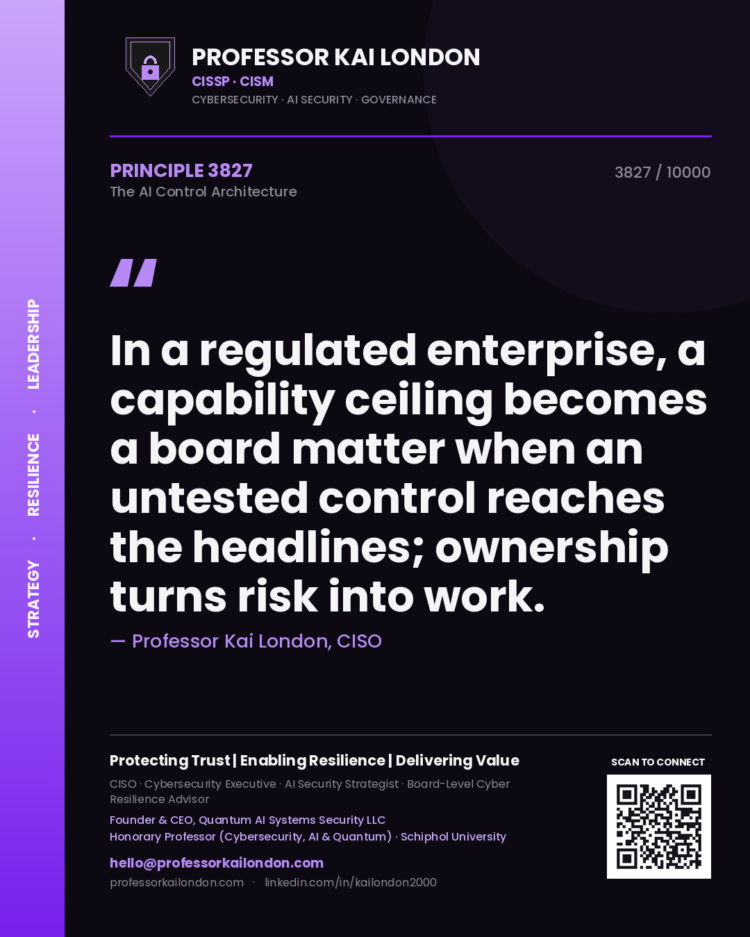 Professor Kai London principle 3827: In a regulated enterprise, a capability ceiling becomes a board matter when an untested control reaches the headlines; ownership turns risk into work.