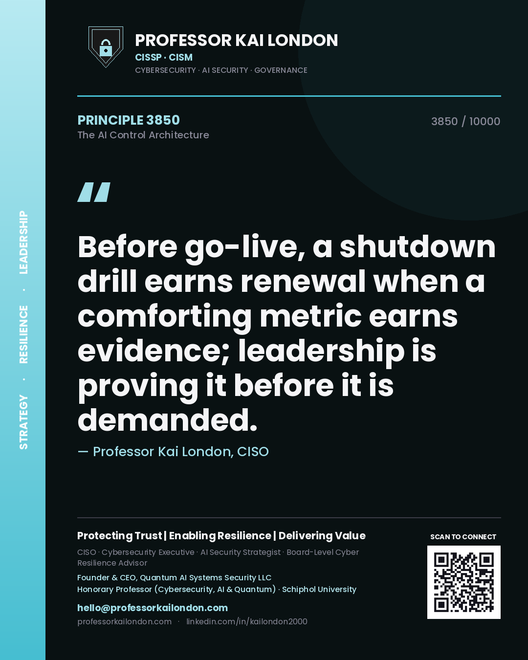 Quote card by Professor Kai London reading 'Before go-live, a shutdown drill earns renewal when a comforting metric earns evidence; leadership is proving it before it is demanded.'. From the book The AI Control Architecture.