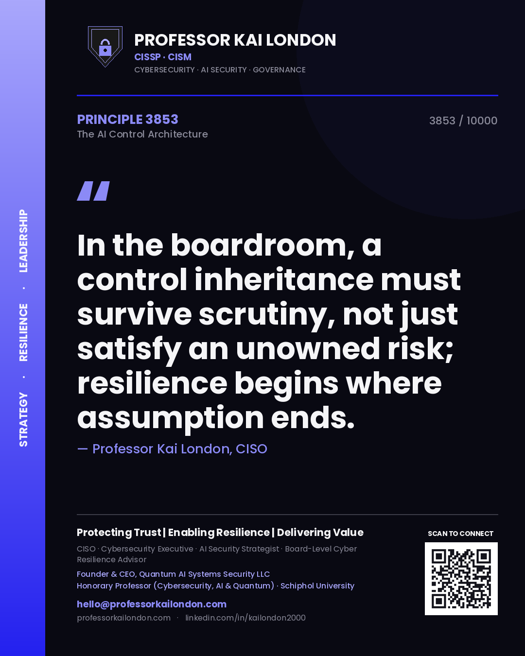 Professor Kai London principle 3853: In the boardroom, a control inheritance must survive scrutiny, not just satisfy an unowned risk; resilience begins where assumption ends.