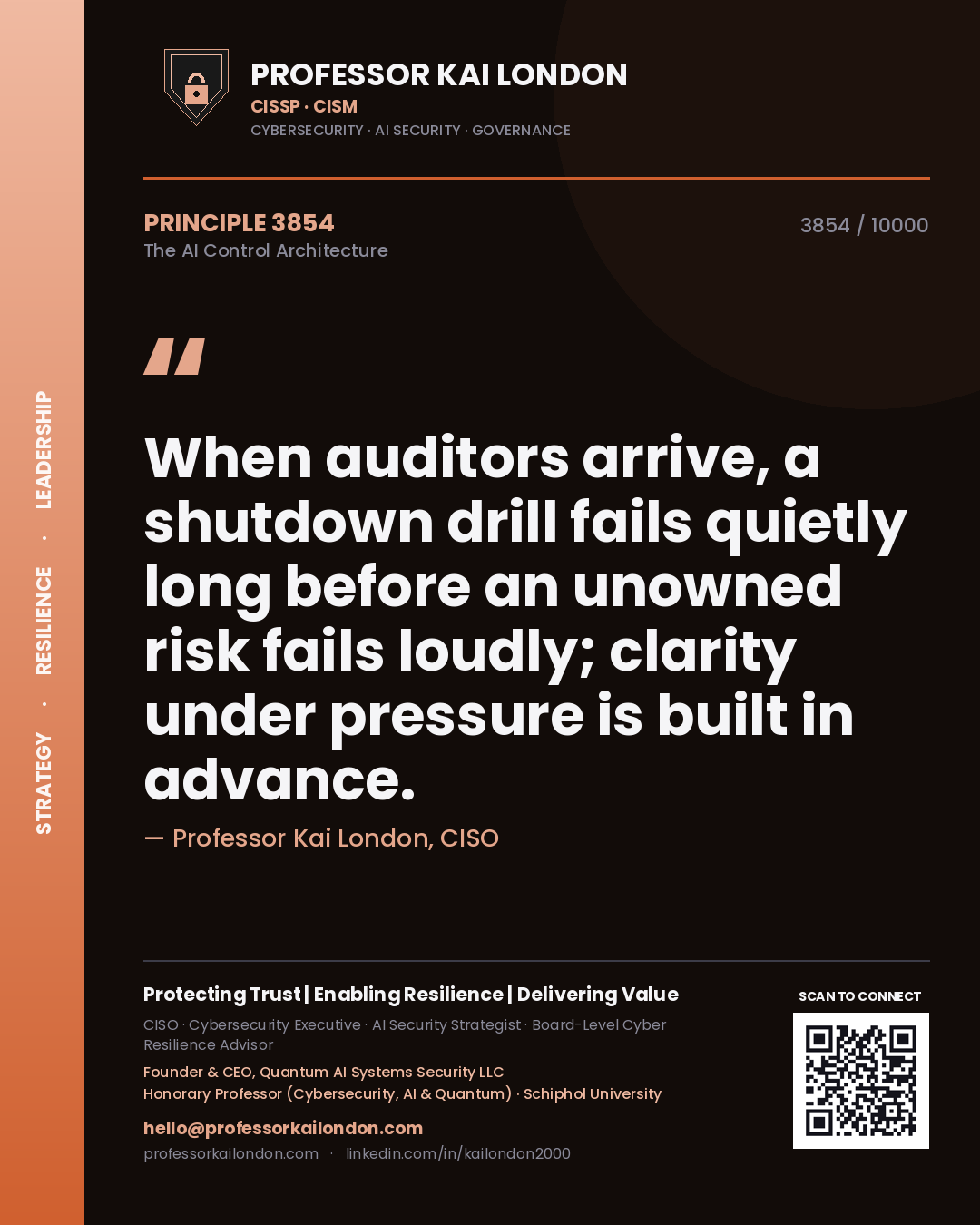 Quote card by Professor Kai London reading 'When auditors arrive, a shutdown drill fails quietly long before an unowned risk fails loudly; clarity under pressure is built in advance.'. From the book The AI Control Architecture.