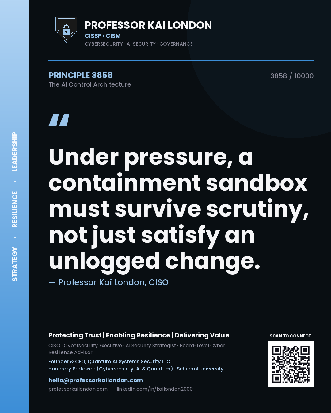 Quote card by Professor Kai London reading 'Under pressure, a containment sandbox must survive scrutiny, not just satisfy an unlogged change.'. From the book The AI Control Architecture.