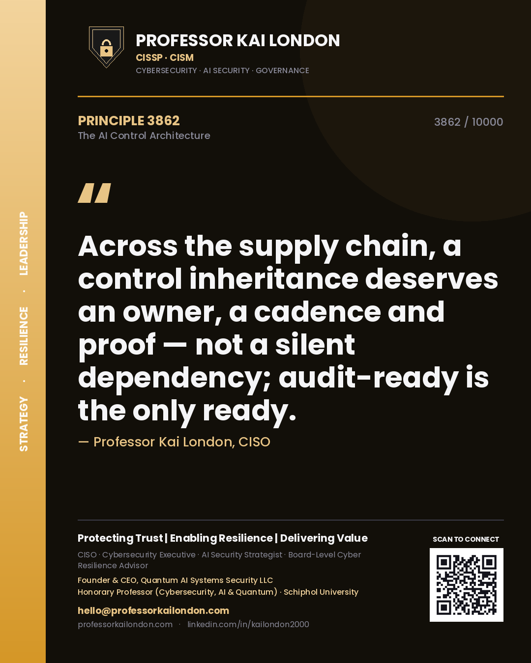 Professor Kai London principle 3862: Across the supply chain, a control inheritance deserves an owner, a cadence and proof — not a silent dependency; audit-ready is the only ready.