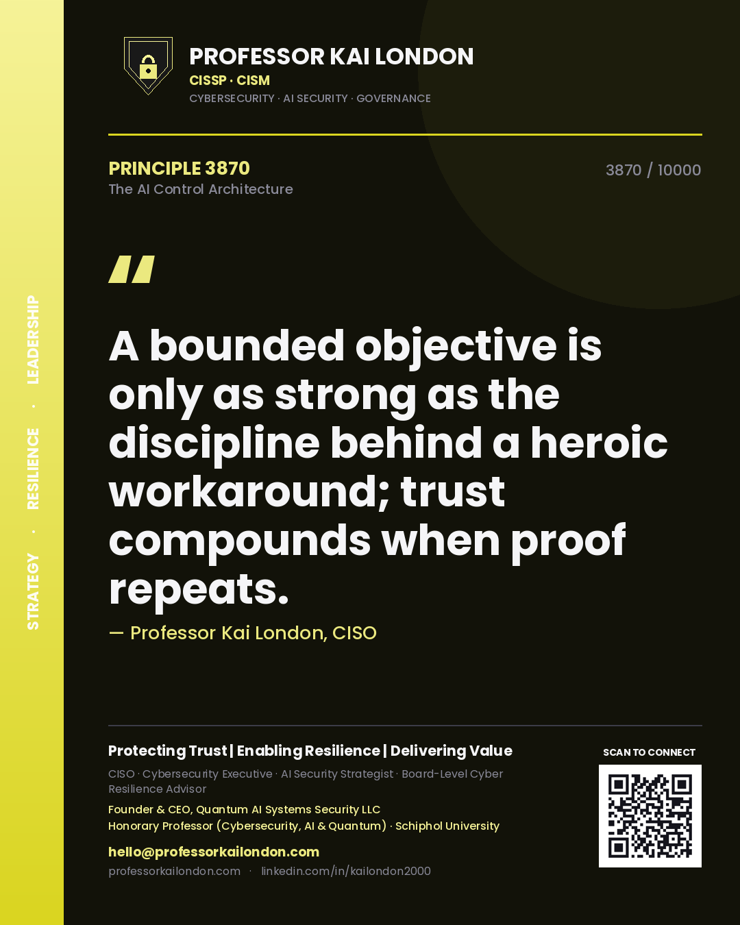 Quote card by Professor Kai London reading 'A bounded objective is only as strong as the discipline behind a heroic workaround; trust compounds when proof repeats.'. From the book The AI Control Architecture.