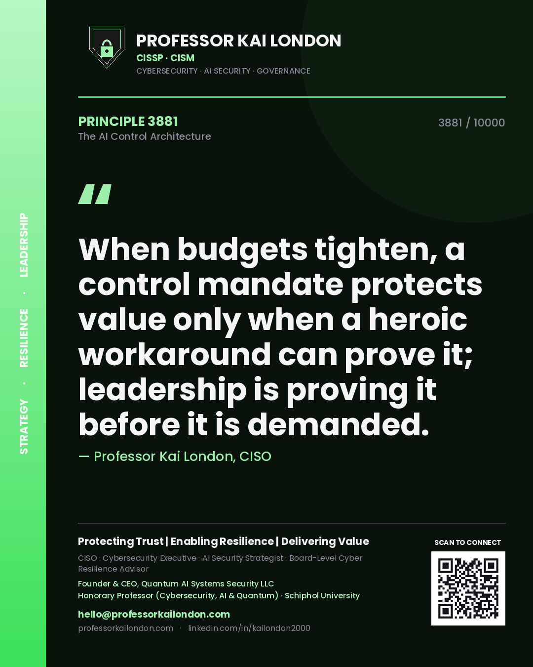 Quote card by Professor Kai London reading 'When budgets tighten, a control mandate protects value only when a heroic workaround can prove it; leadership is proving it before it is demanded.'. From the book The AI Control Architecture.