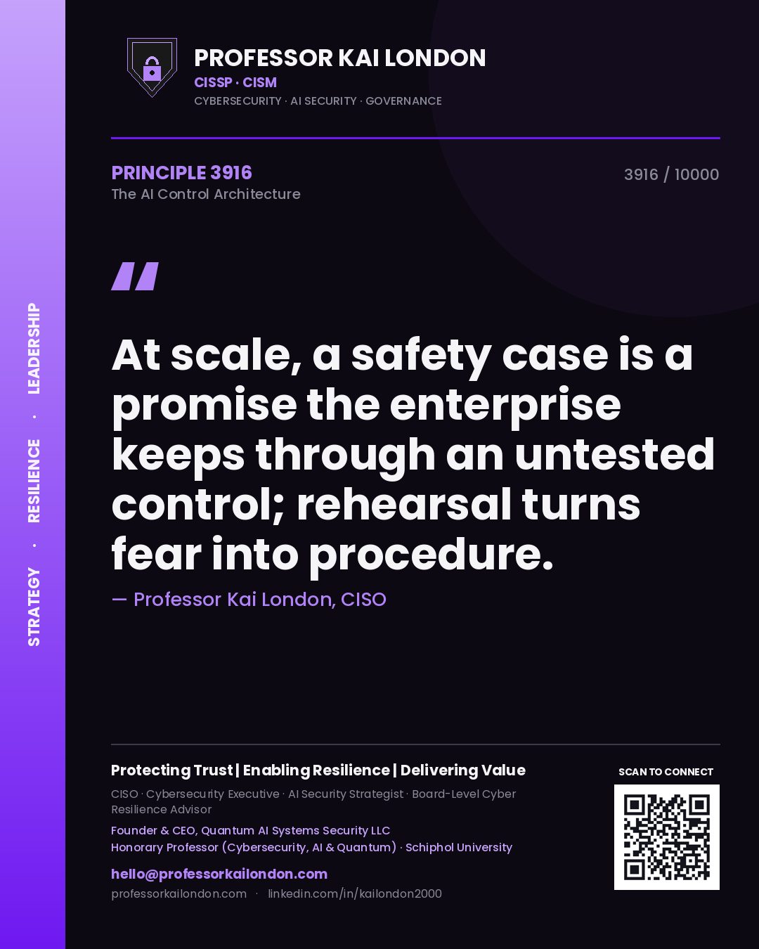 Quote card by Professor Kai London reading 'At scale, a safety case is a promise the enterprise keeps through an untested control; rehearsal turns fear into procedure.'. From the book The AI Control Architecture.
