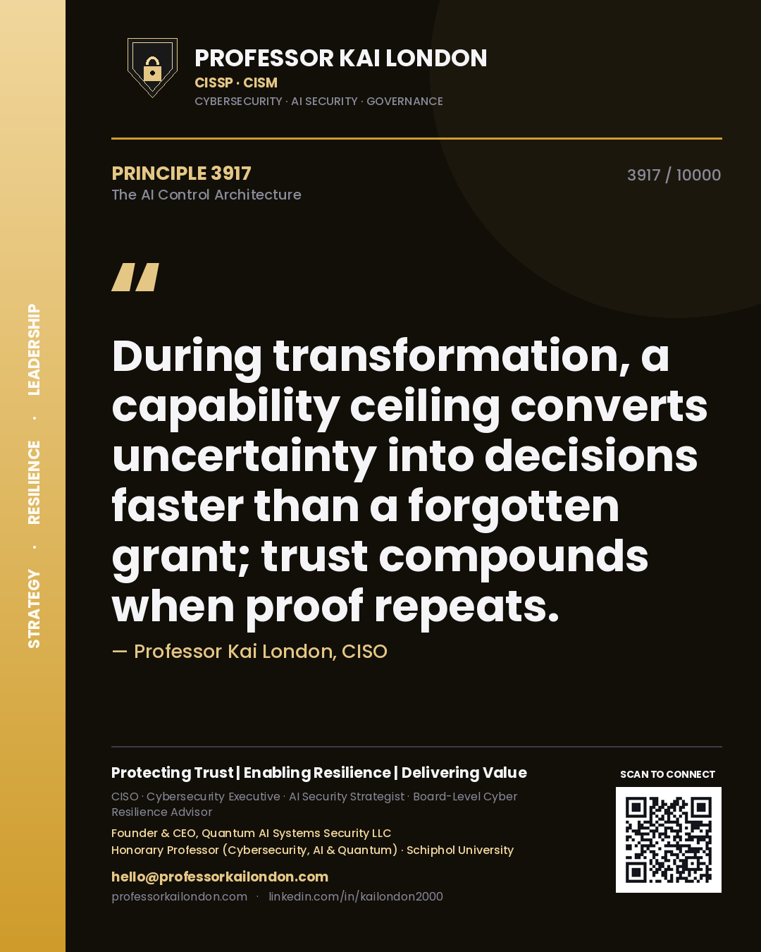 Quote card by Professor Kai London reading 'During transformation, a capability ceiling converts uncertainty into decisions faster than a forgotten grant; trust compounds when proof repeats.'. From the book The AI Control Architecture.