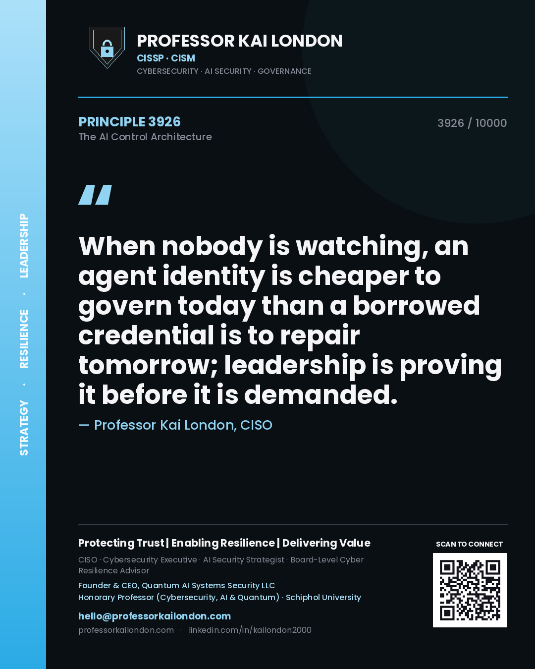 Quote card by Professor Kai London reading 'When nobody is watching, an agent identity is cheaper to govern today than a borrowed credential is to repair tomorrow; leadership is proving it before it is demanded.'. From the book The AI Control Architecture.