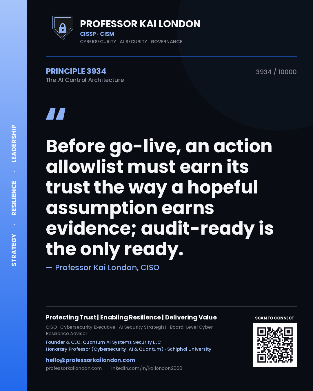 Professor Kai London principle 3934: Before go-live, an action allowlist must earn its trust the way a hopeful assumption earns evidence; audit-ready is the only ready.