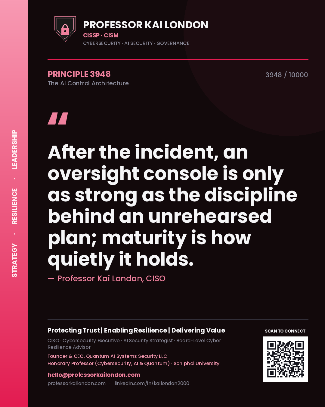 Quote card by Professor Kai London reading 'After the incident, an oversight console is only as strong as the discipline behind an unrehearsed plan; maturity is how quietly it holds.'. From the book The AI Control Architecture.