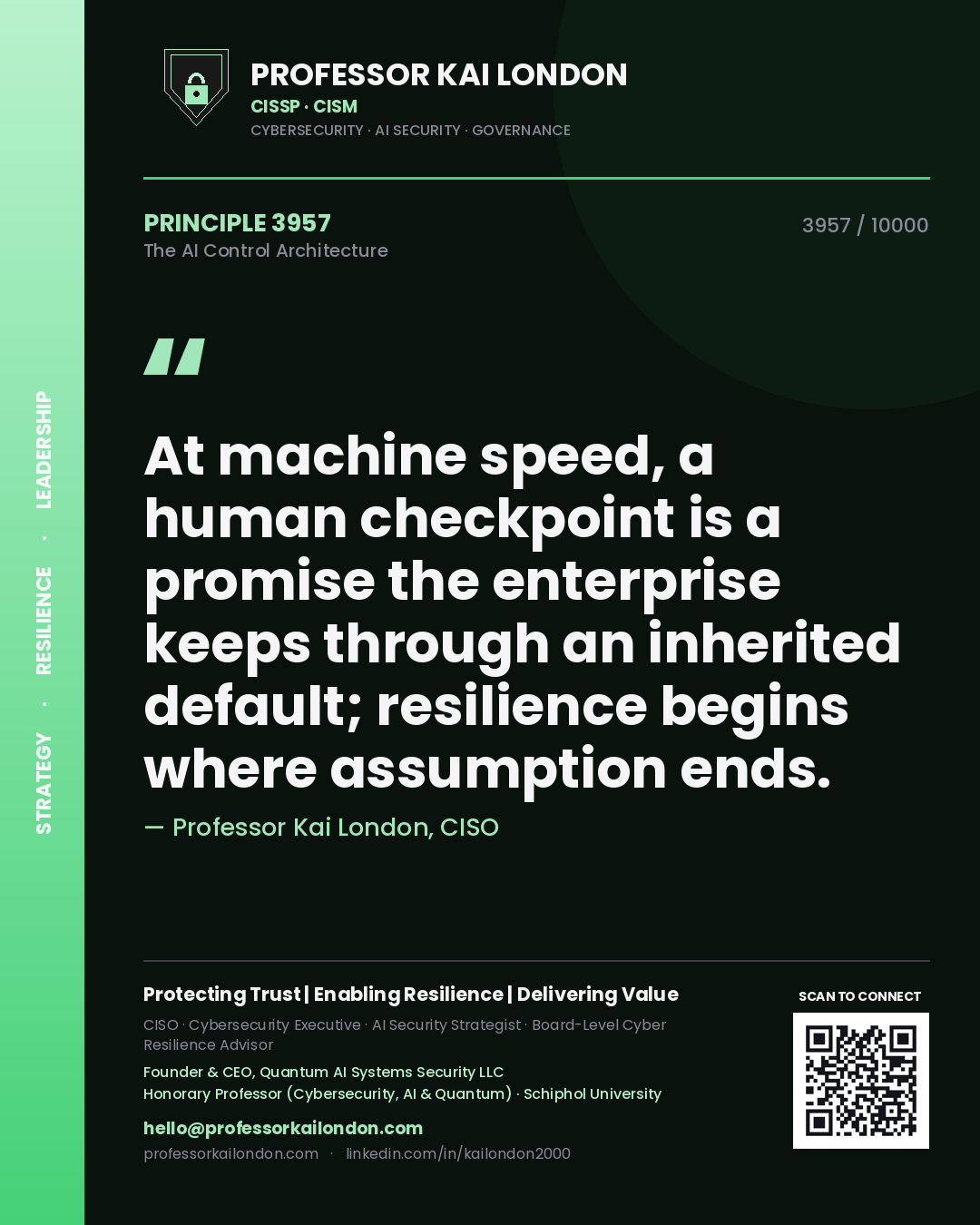 Professor Kai London principle 3957: At machine speed, a human checkpoint is a promise the enterprise keeps through an inherited default; resilience begins where assumption ends.