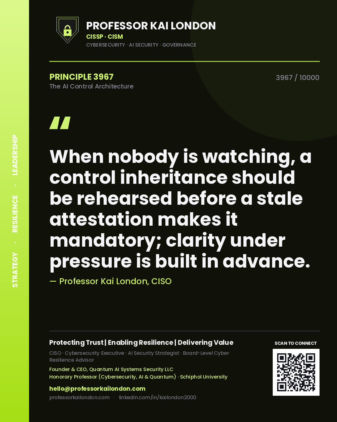 Quote card by Professor Kai London reading 'When nobody is watching, a control inheritance should be rehearsed before a stale attestation makes it mandatory; clarity under pressure is built in advance.'. From the book The AI Control Architecture.